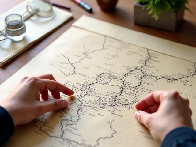 日本の伝統的な地図と旅の計画ツールが置かれた机の上を指している手。Sankei Toursのオーダーメイド旅行計画サービス。