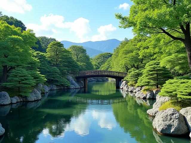 金沢の兼六園。美しく整えられた池、橋、伝統的な日本庭園造形の風景。Sankei Toursの金沢の庭園ツアー。