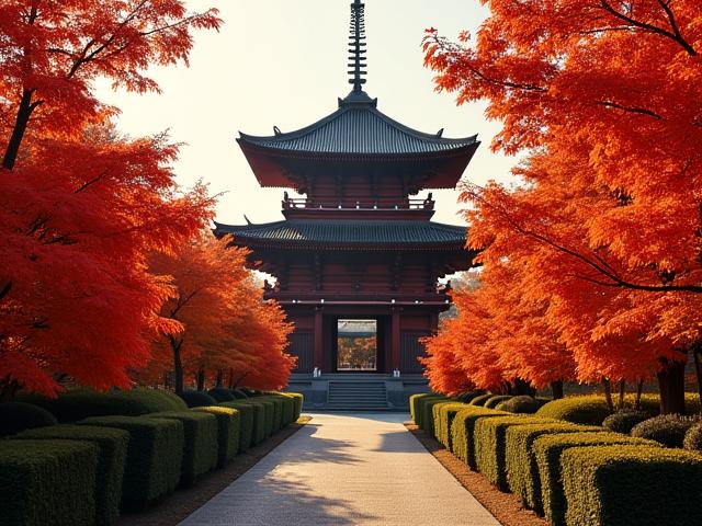 紅葉に囲まれた京都の古い木造寺院のパゴダ。Sankei Toursの京都の寺院と伝統ツアー。