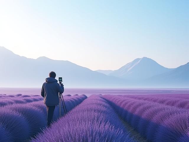 北海道の広大なラベンダー畑で三脚を立てて写真を撮っている人物のシルエット。Sankei Toursの写真ワークショップ。