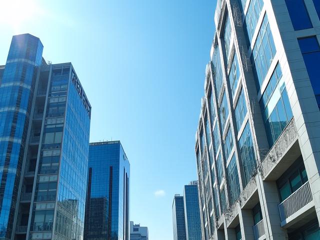 東京の中心部にあるモダンな高層ビル群が、青空と対照的な未来的なデザインを見せています。Sankei Toursの近代建築ツアー。